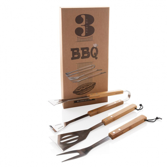 XD Collection Barbecue Utensil Set, Brown/Silver, Stainless Steel &amp; Bamboo, 3-Piece Set