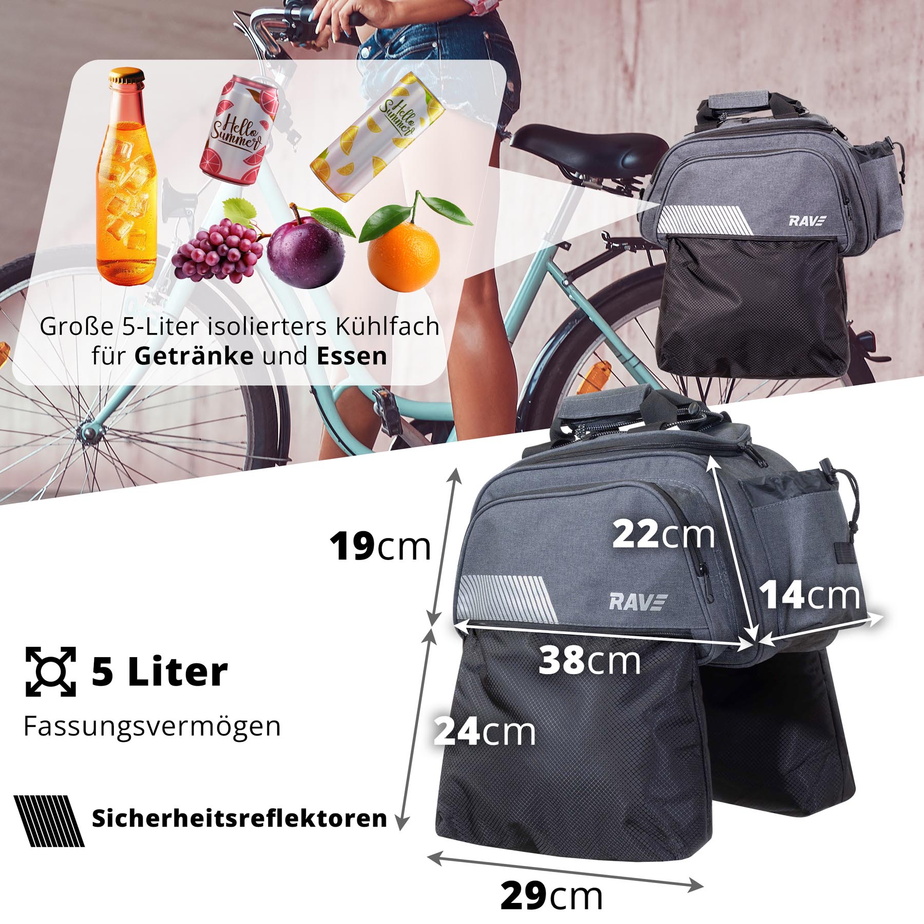 RAVE Pannier Bag - with an insulated compartment (approx. 5 liters) and 2 outer pockets (6 liters each) - Gray