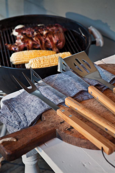 XD Collection Barbecue Utensil Set, Brown/Silver, Stainless Steel &amp; Bamboo, 3-Piece Set
