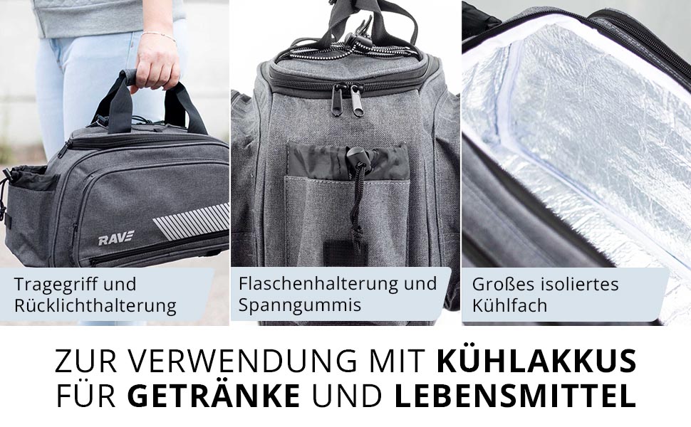 RAVE Pannier Bag - with an insulated compartment (approx. 5 liters) and 2 outer pockets (6 liters each) - Gray