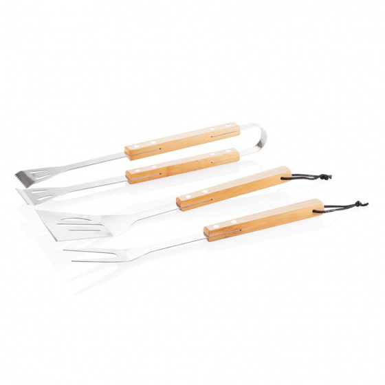 XD Collection Barbecue Utensil Set, Brown/Silver, Stainless Steel &amp; Bamboo, 3-Piece Set