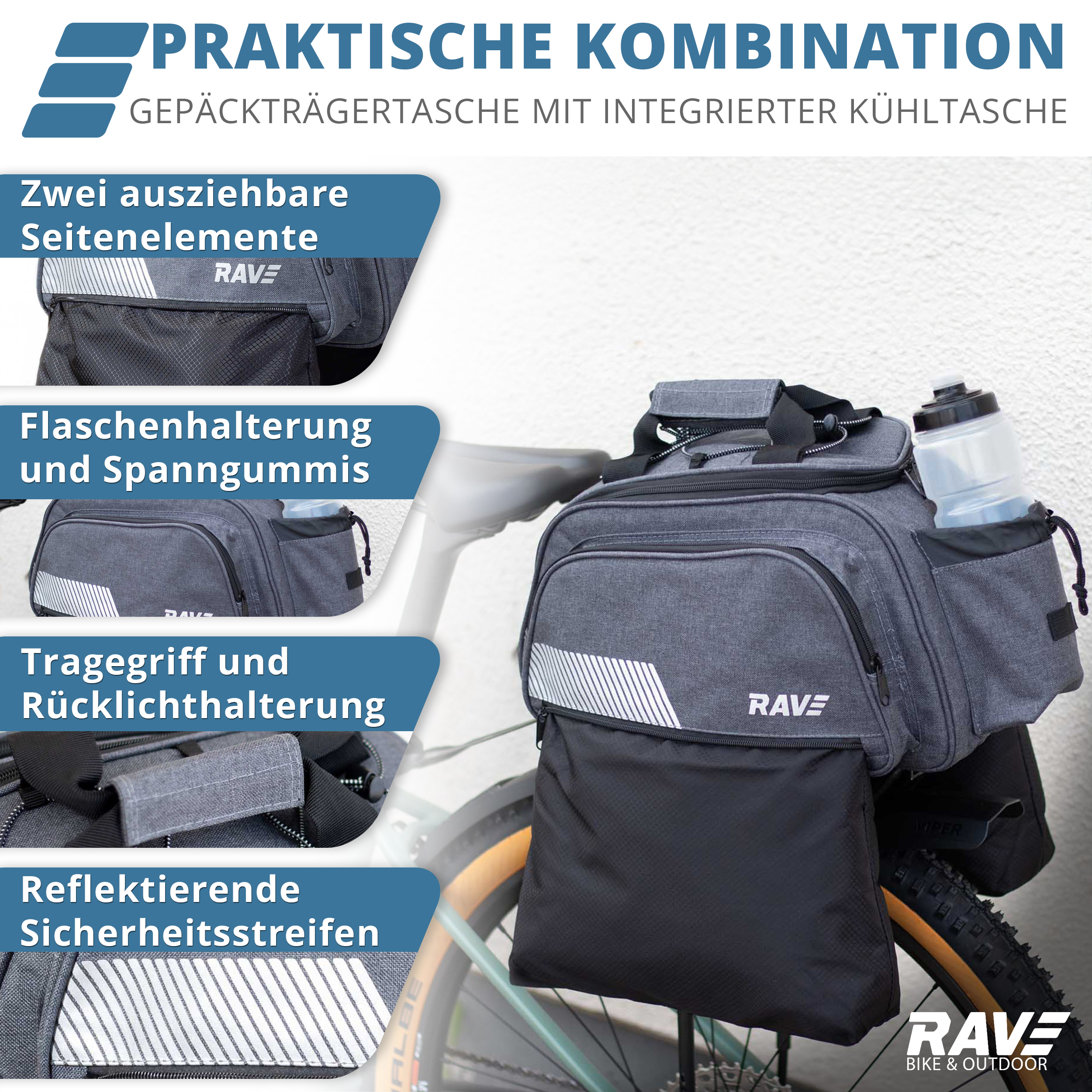 RAVE Pannier Bag - with an insulated compartment (approx. 5 liters) and 2 outer pockets (6 liters each) - Gray
