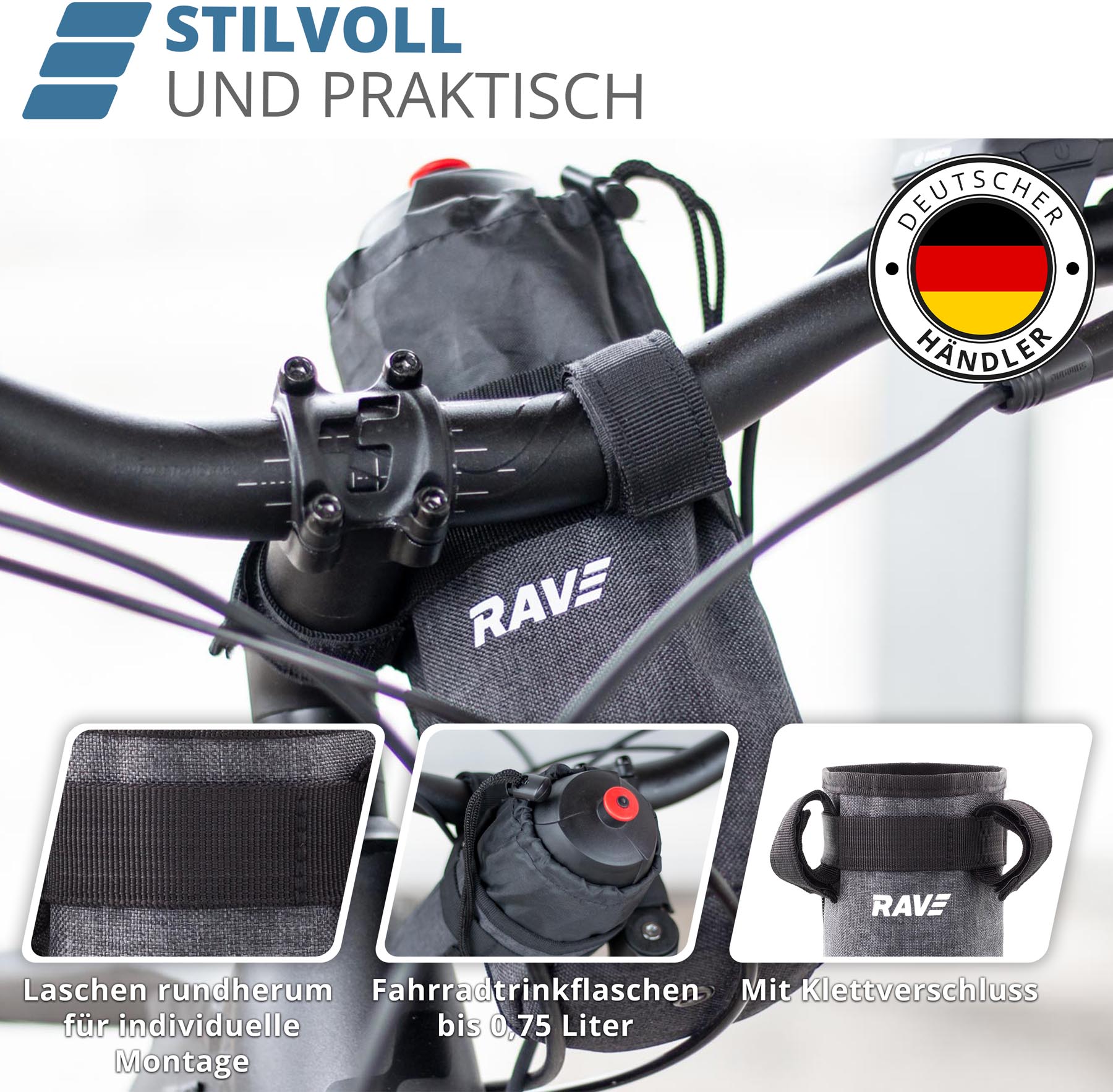 RAVE Handlebar Bottle Cage, Water Bottle Holder for Bicycles &amp; E-Bikes - Gray
