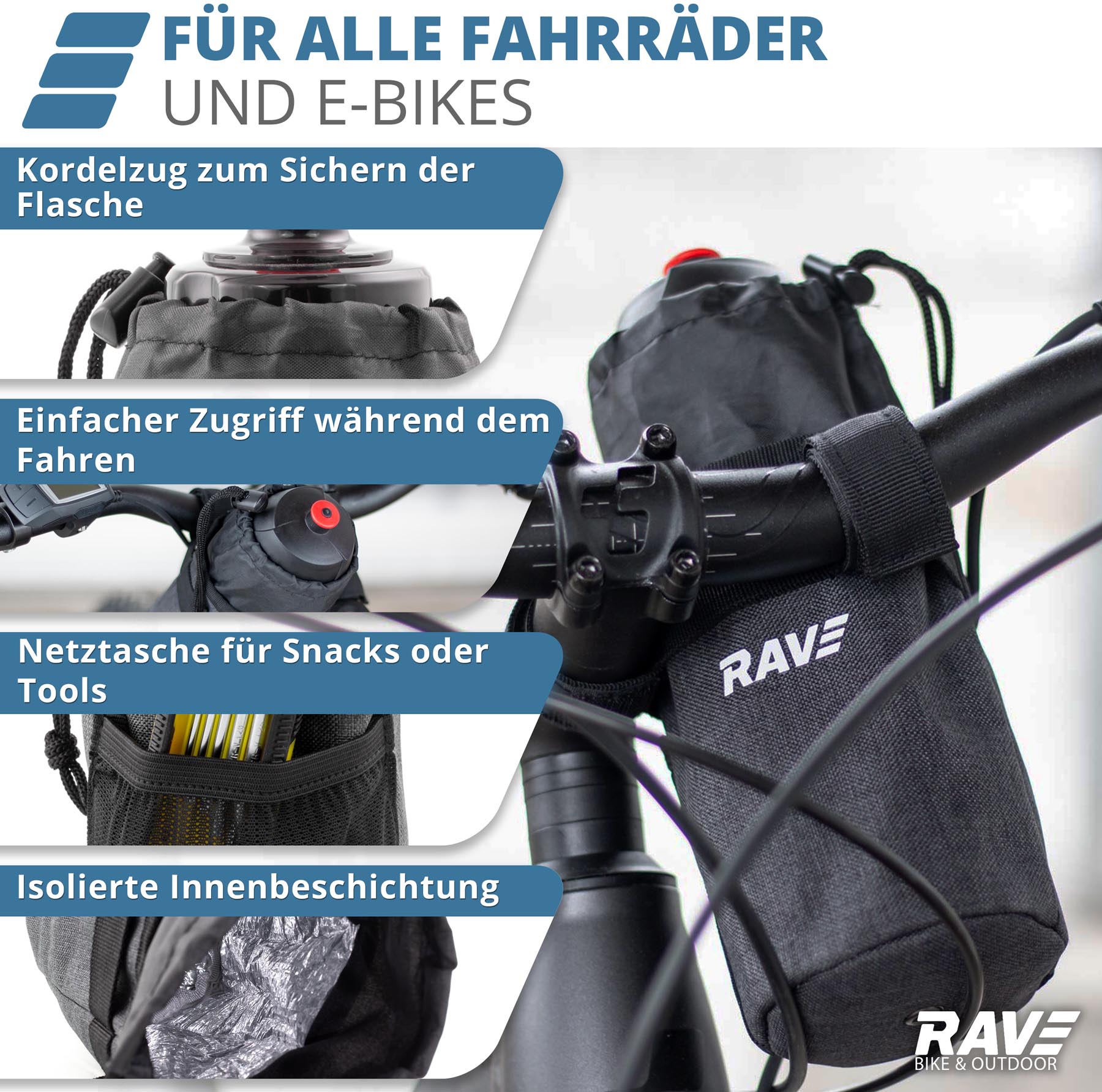 RAVE Handlebar Bottle Cage, Water Bottle Holder for Bicycles &amp; E-Bikes - Gray