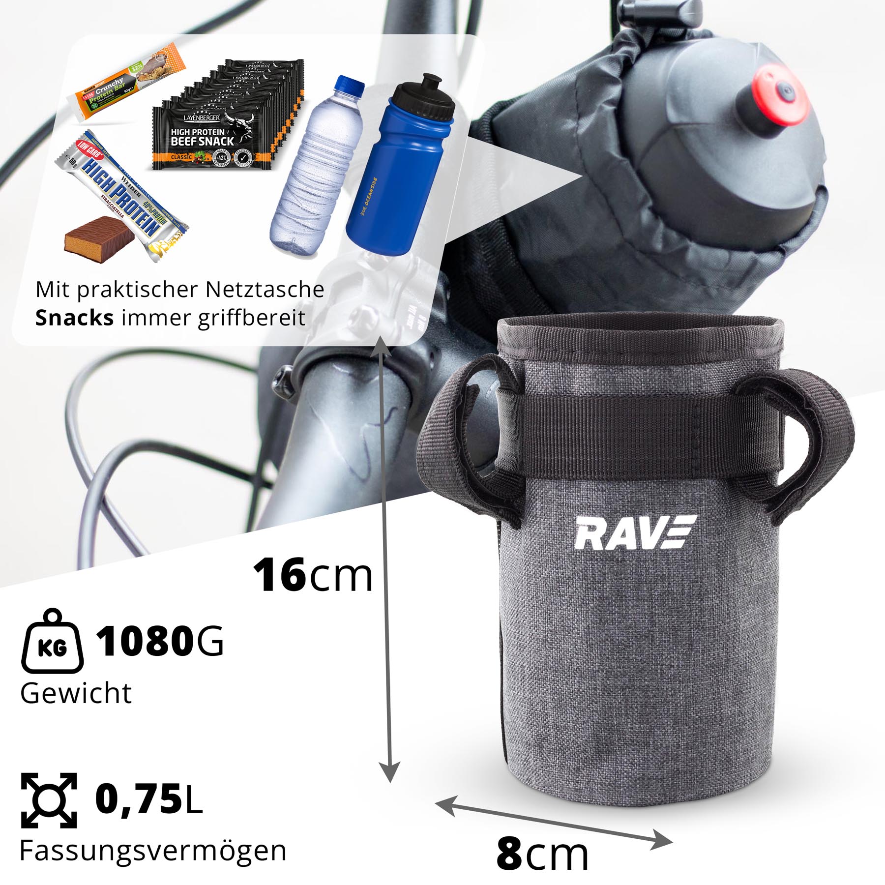RAVE Handlebar Bottle Cage, Water Bottle Holder for Bicycles &amp; E-Bikes - Gray