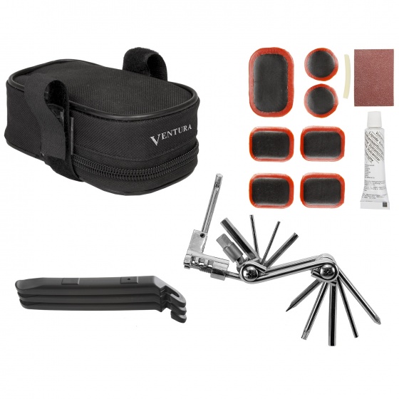 Ventura saddle bag black, made of polyester, with glue kit & multitool, 0.7 liter, 14 pieces