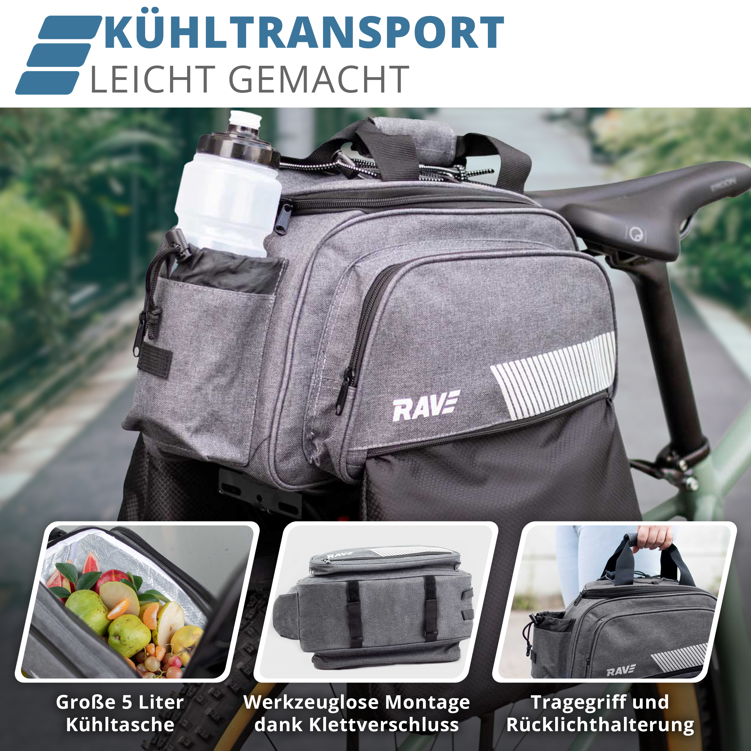 RAVE Pannier Bag - with an insulated compartment (approx. 5 liters) and 2 outer pockets (6 liters each) - Gray